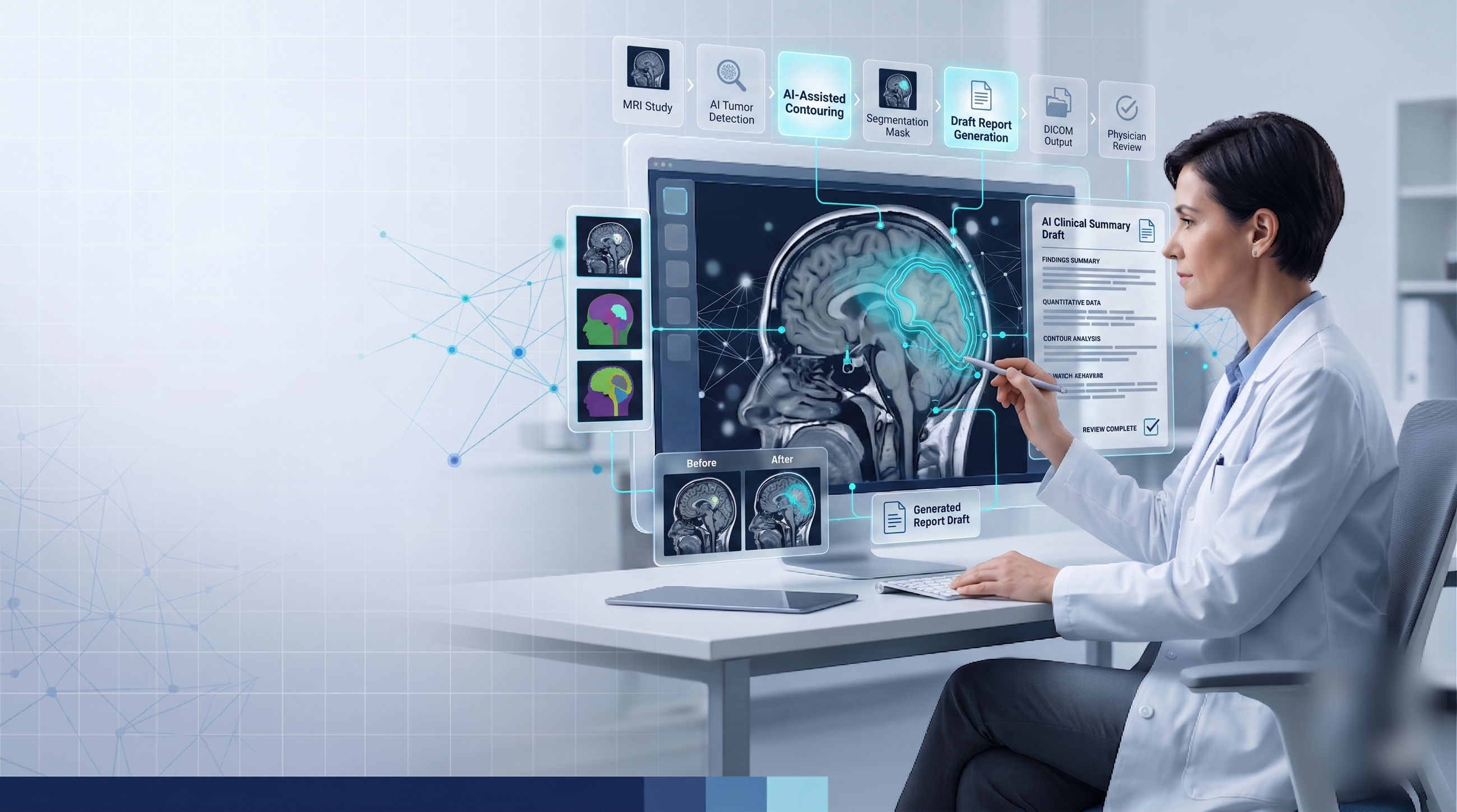 Clinical scenario showing a physician reviewing AI-assisted brain MRI contours, segmentation masks and report drafts at a workstation
